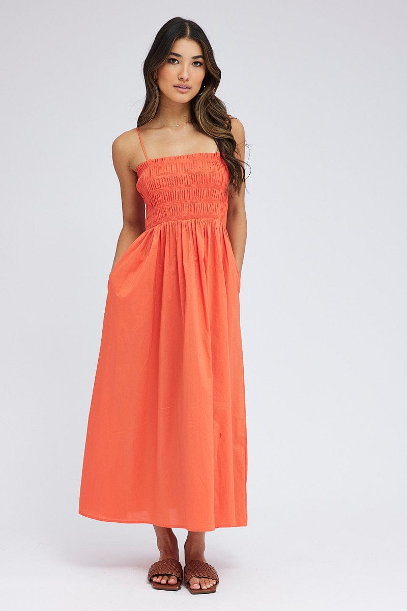 Orange Maxi Dress Shirred Bust Poplin for Ally Fashion