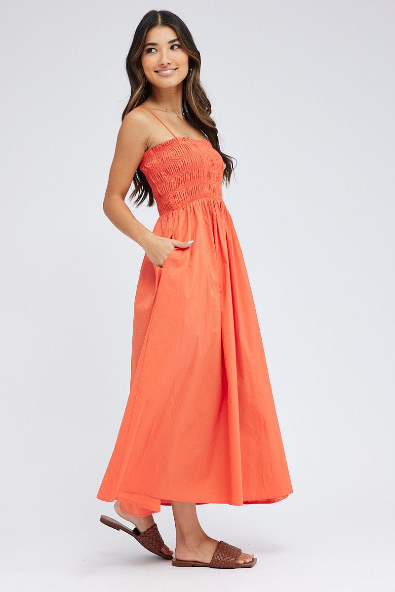 Orange Maxi Dress Shirred Bust Poplin for Ally Fashion