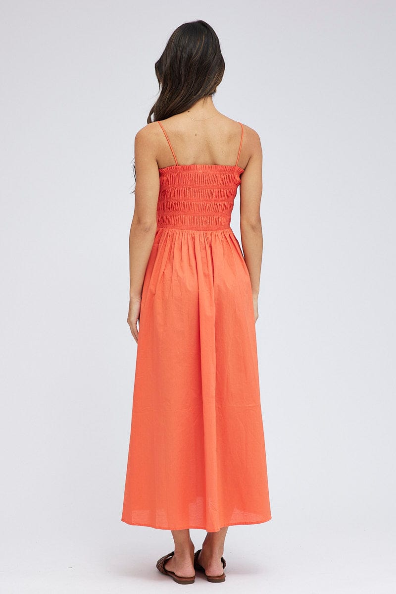 Orange Maxi Dress Shirred Bust Poplin for Ally Fashion