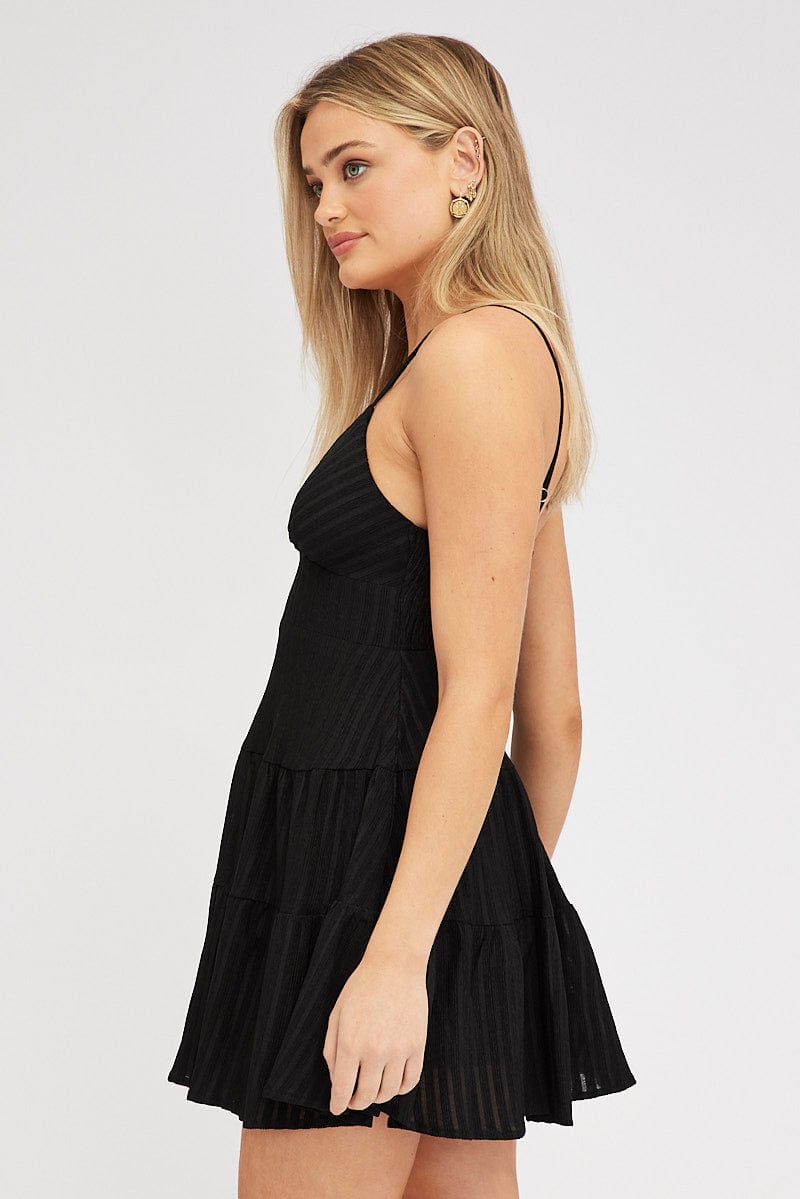 Black Fit And Flare Dress Mini Textured Fabric for Ally Fashion