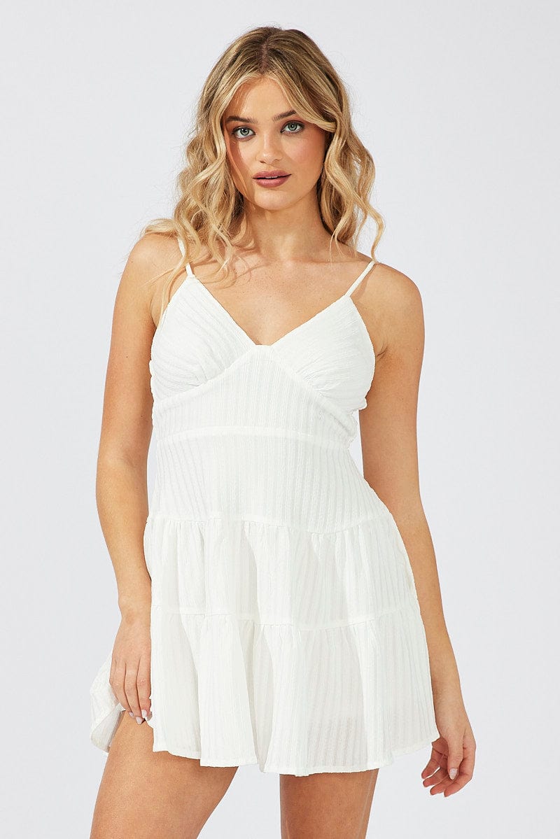 White Fit And Flare Dress Mini Textured Fabric for Ally Fashion