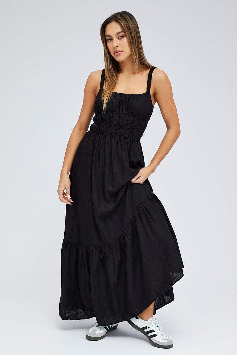 Black Maxi Dress Sleeveless Linen Blend for Ally Fashion