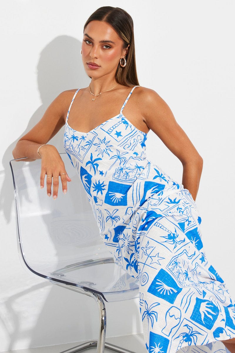 Blue Print Maxi Dress Bias Cut Linen Blend for Ally Fashion