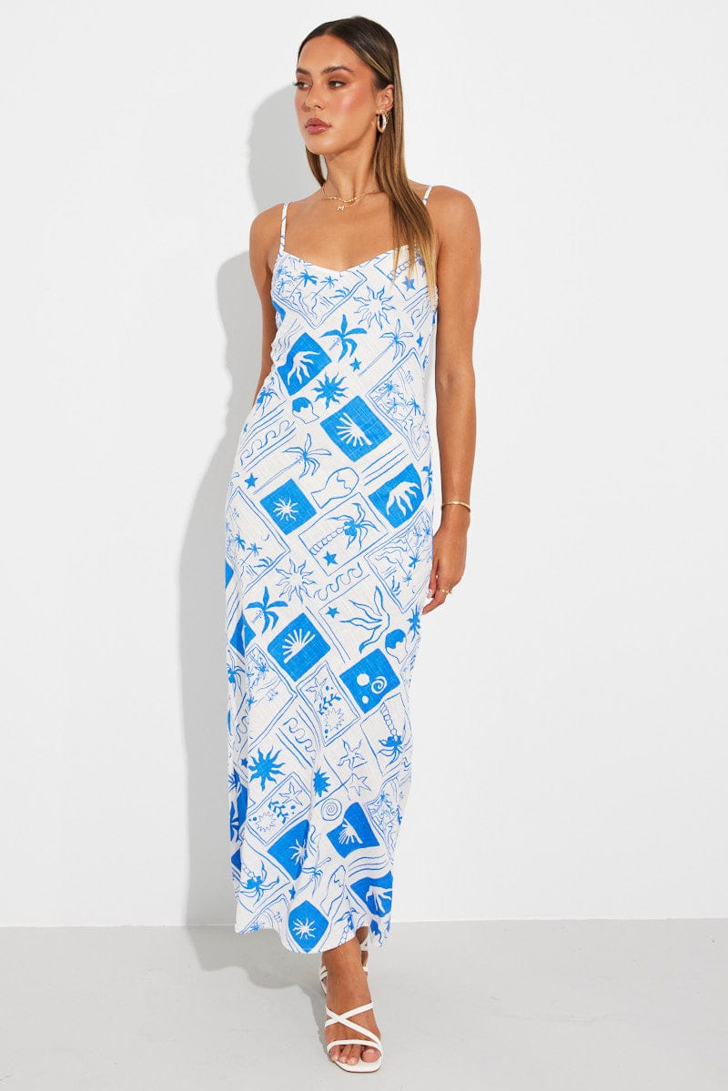 Blue Print Maxi Dress Bias Cut Linen Blend for Ally Fashion