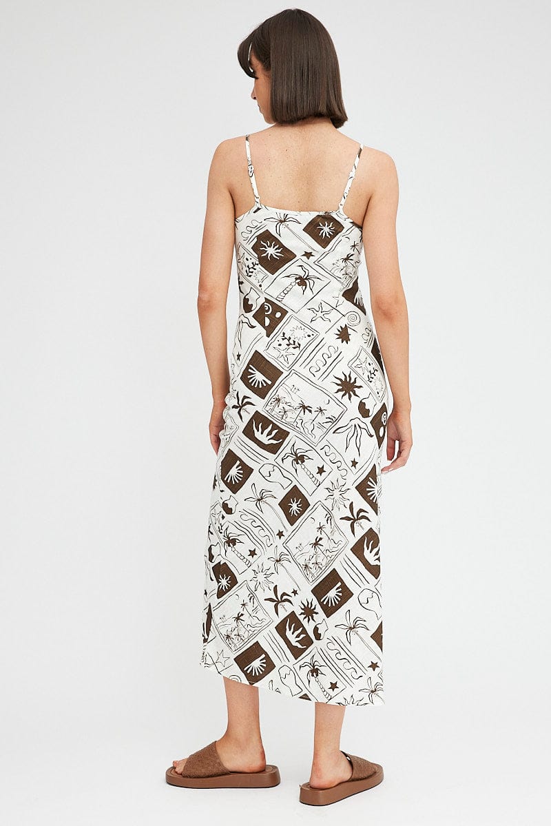 Brown Abstract Maxi Dress Bias Cut Linen Blend for Ally Fashion