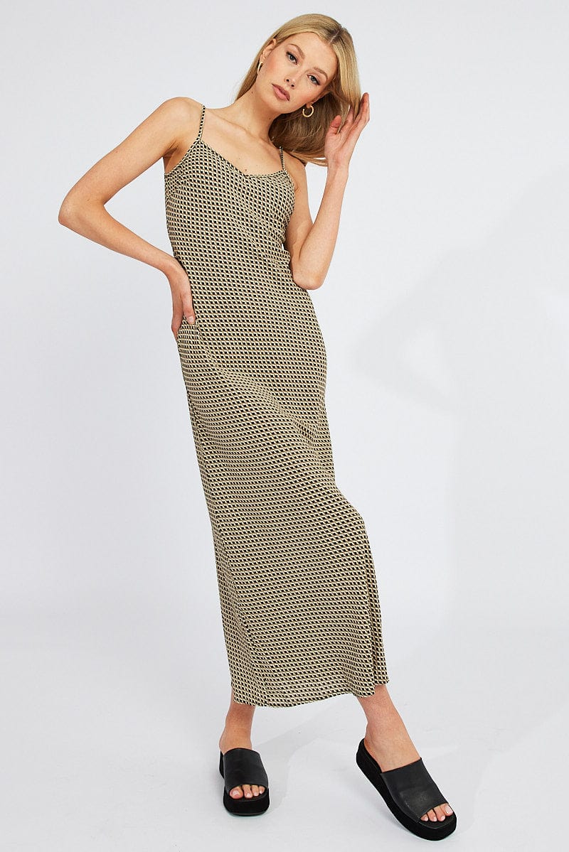 Brown Geo Maxi Dress Bias Cut for Ally Fashion