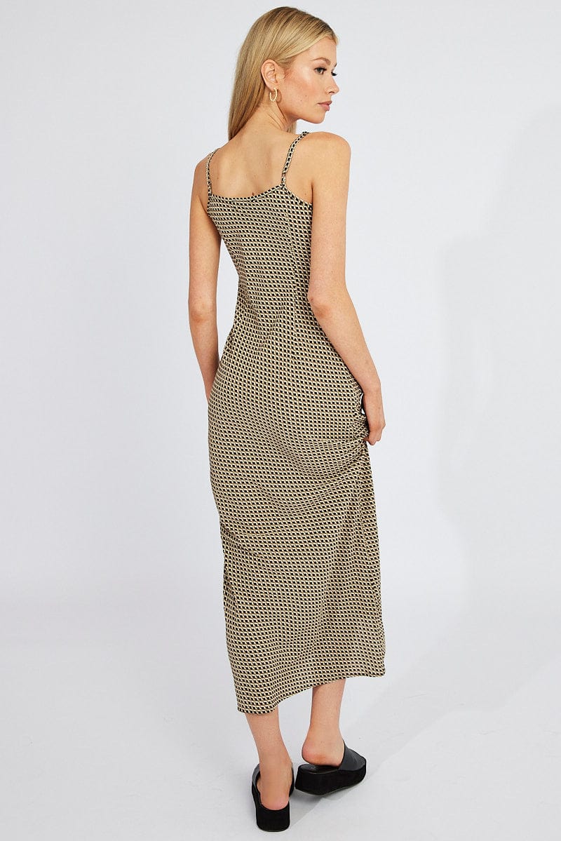 Brown Geo Maxi Dress Bias Cut for Ally Fashion