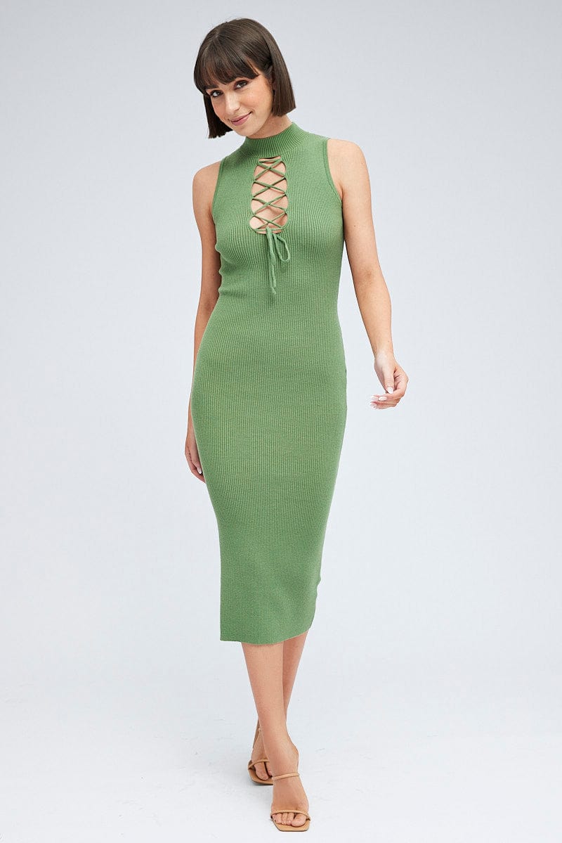 Green Knit Dress High Neck Sleeveless Midi for Ally Fashion