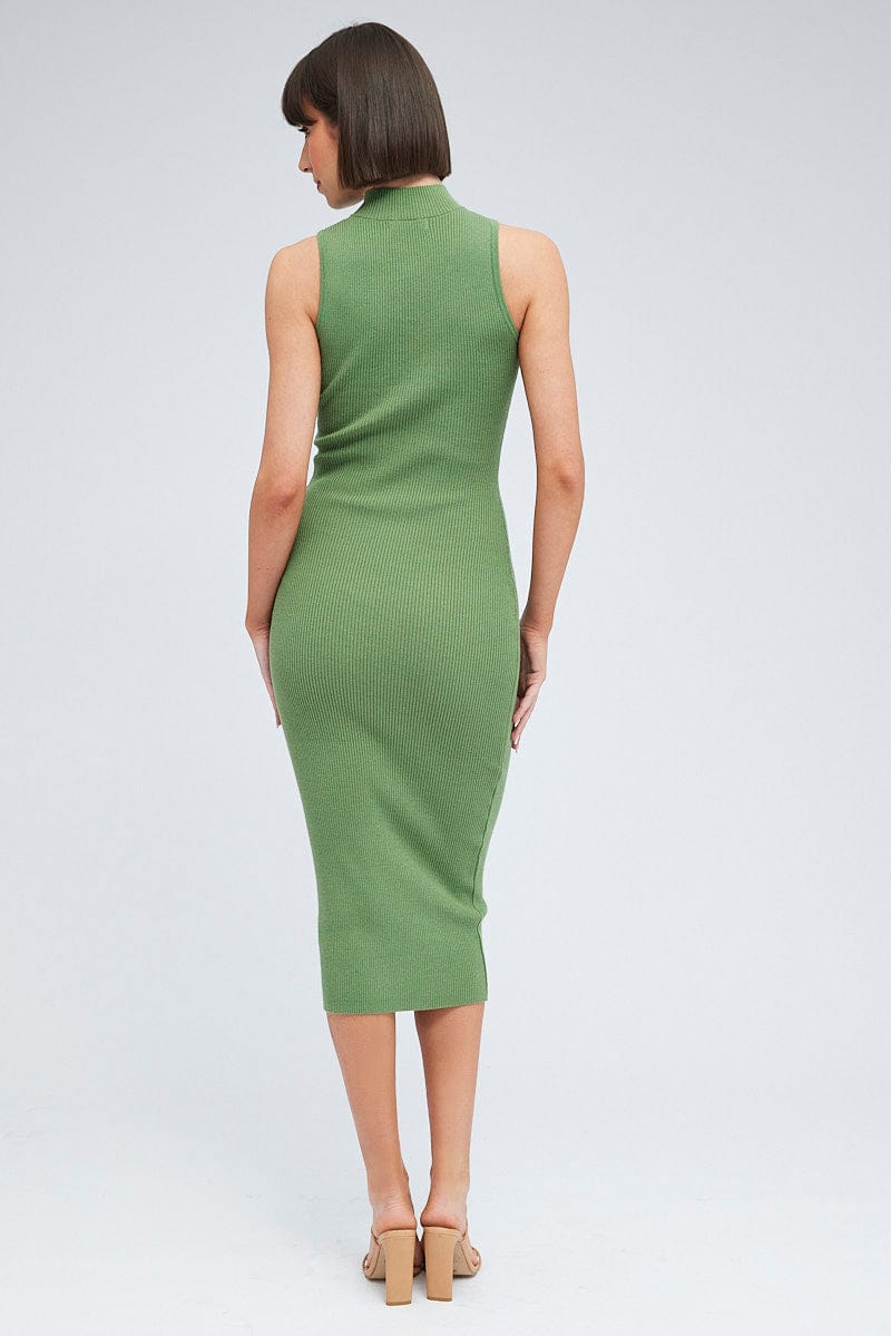 Green Knit Dress High Neck Sleeveless Midi for Ally Fashion