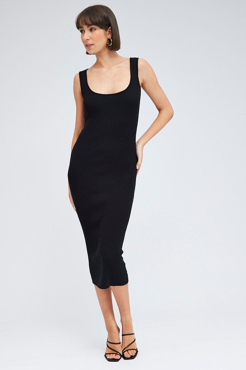 Black Knit Midi Dress Square Neck Sleeveless for Ally Fashion