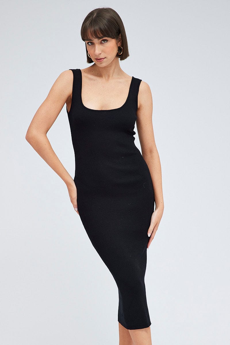 Black Knit Midi Dress Square Neck Sleeveless for Ally Fashion