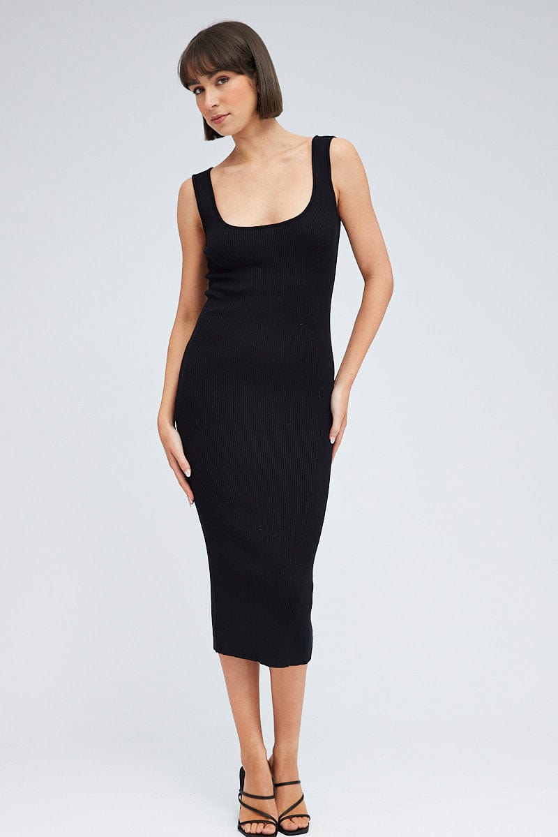 Black Knit Midi Dress Square Neck Sleeveless for Ally Fashion