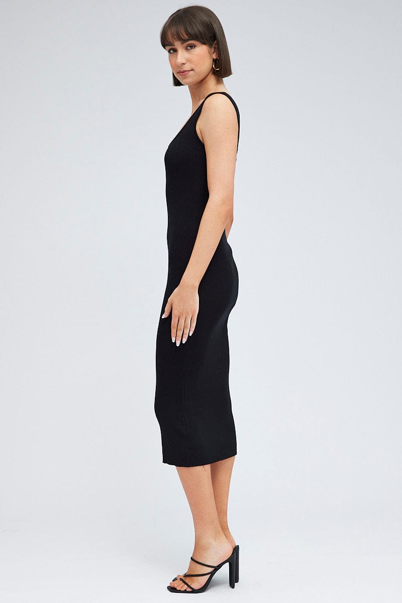 Black Knit Midi Dress Square Neck Sleeveless for Ally Fashion