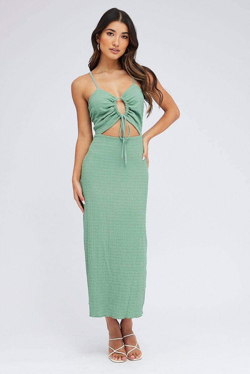 Green Midi Dress Cut Out Textured Fabric for Ally Fashion