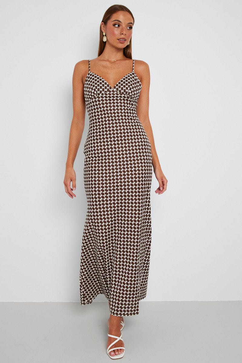 Brown Geo Maxi Dress Strappy for Ally Fashion