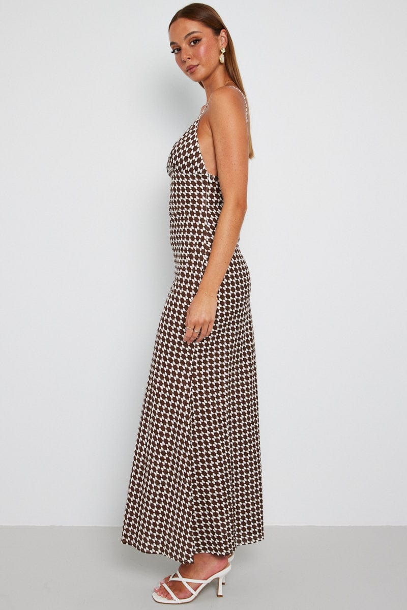 Brown Geo Maxi Dress Strappy for Ally Fashion