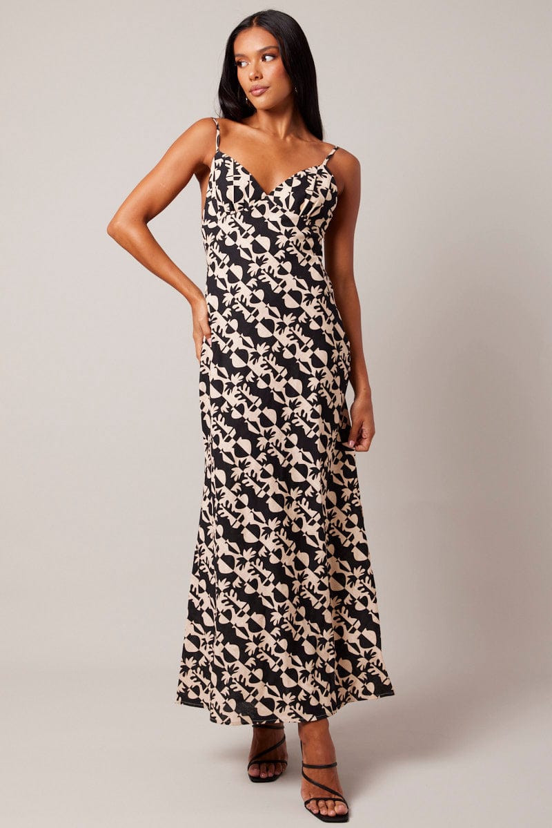 Black Abstract Maxi Dress Strappy for Ally Fashion