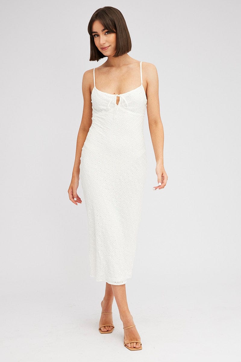 White Midi Dress Gathered Bust Eyelet Fabric for Ally Fashion