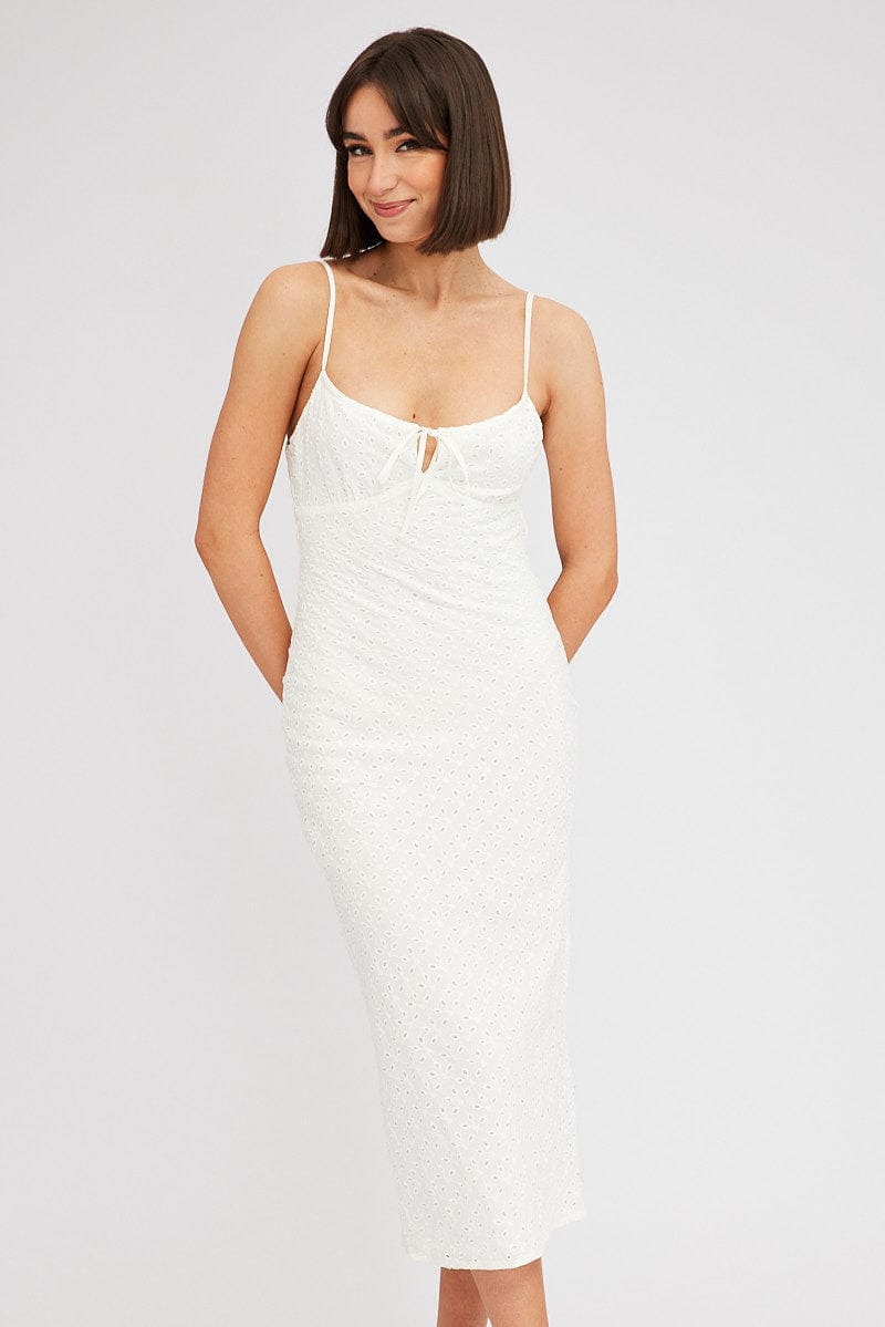 White Midi Dress Gathered Bust Eyelet Fabric for Ally Fashion