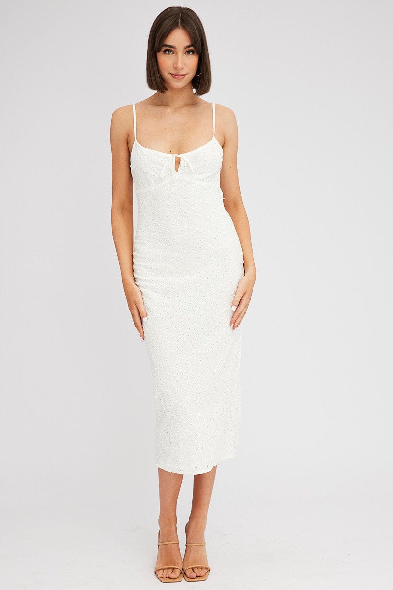 White Midi Dress Gathered Bust Eyelet Fabric for Ally Fashion