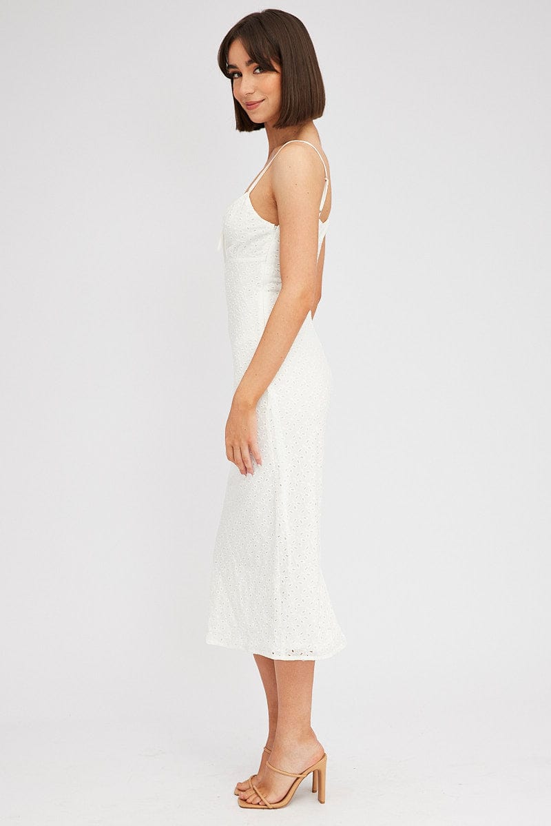 White Midi Dress Gathered Bust Eyelet Fabric for Ally Fashion