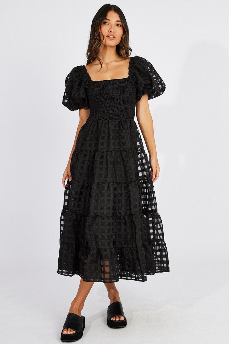 Black Midi Dress shirred Bust Puff Sleeve for Ally Fashion