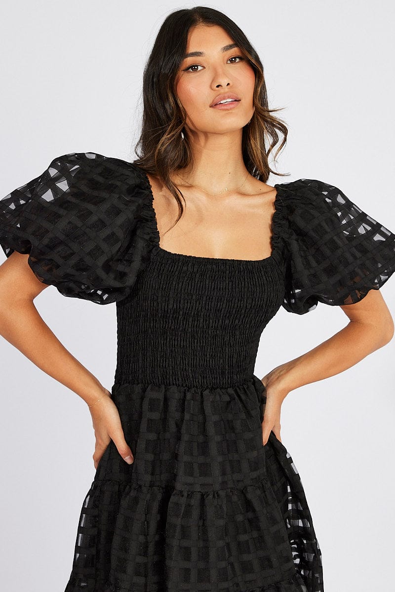 Black Midi Dress shirred Bust Puff Sleeve for Ally Fashion