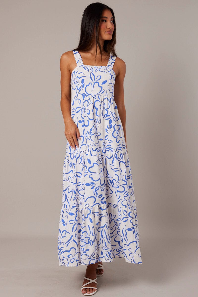 Blue Abstract Maxi Dress Sleeveless Tiered for Ally Fashion