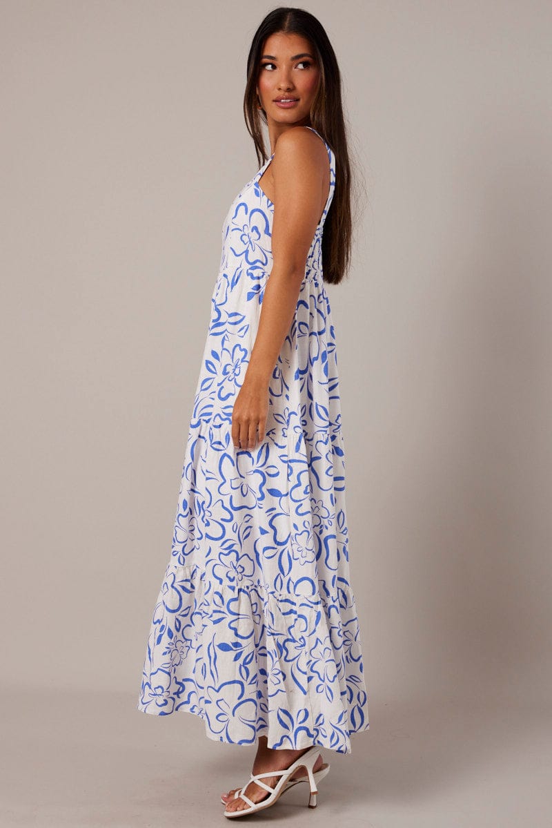 Blue Abstract Maxi Dress Sleeveless Tiered for Ally Fashion