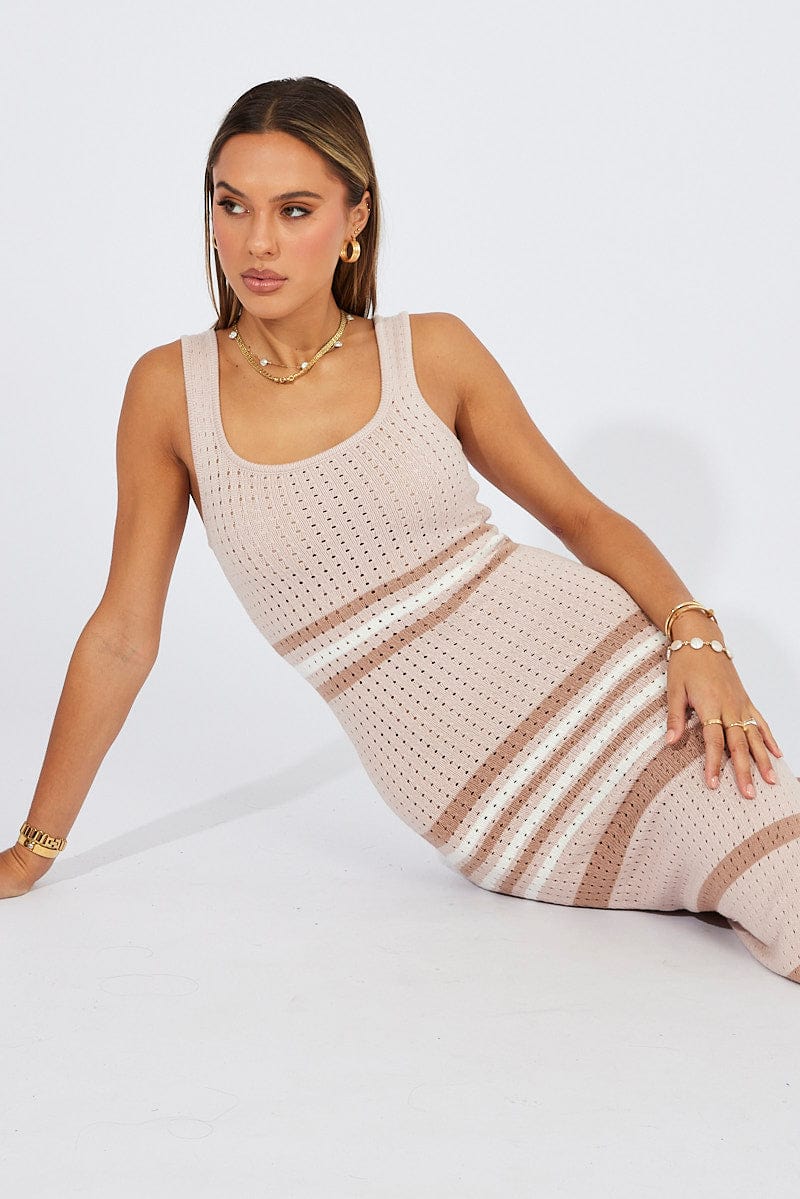 White Stripe Knit Dress Sleeveless Midi for Ally Fashion