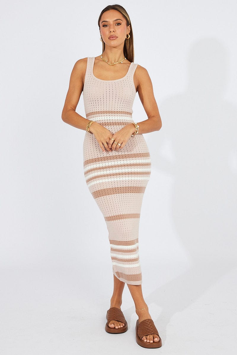 White Stripe Knit Dress Sleeveless Midi for Ally Fashion