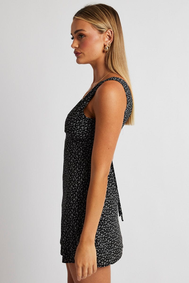 Black Ditsy A Line Dress Sleeveless for Ally Fashion