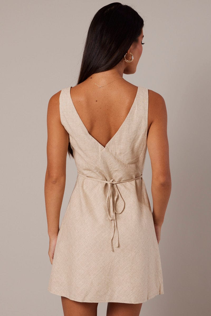 Beige A Line Mini Dress Linen Blend for Ally Fashion