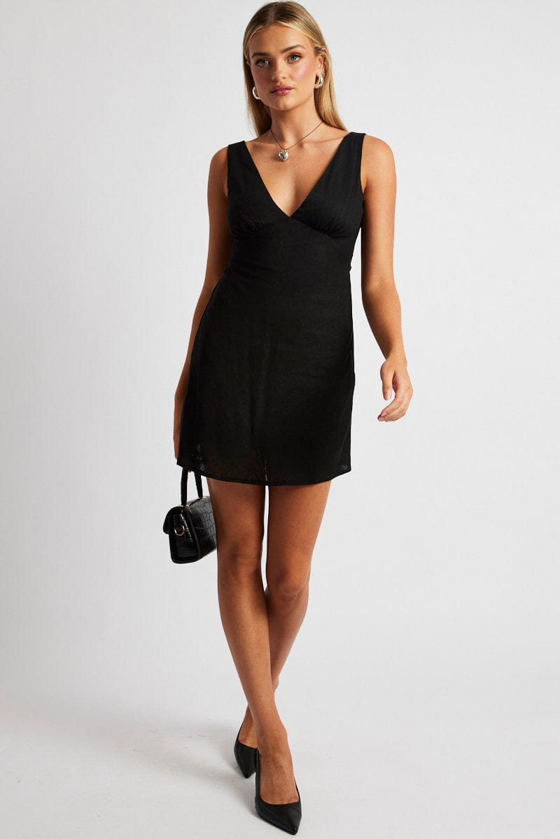 Black A Line Mini Dress Linen Blend for Ally Fashion