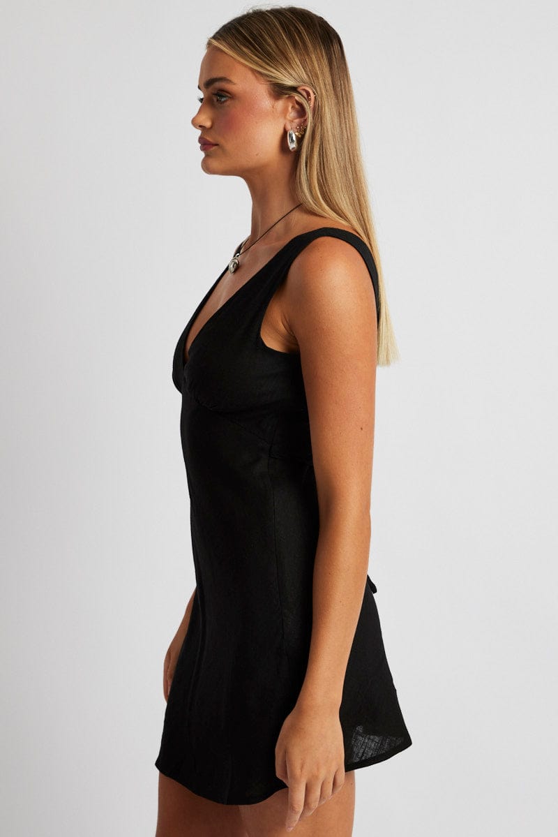 Black A Line Mini Dress Linen Blend for Ally Fashion
