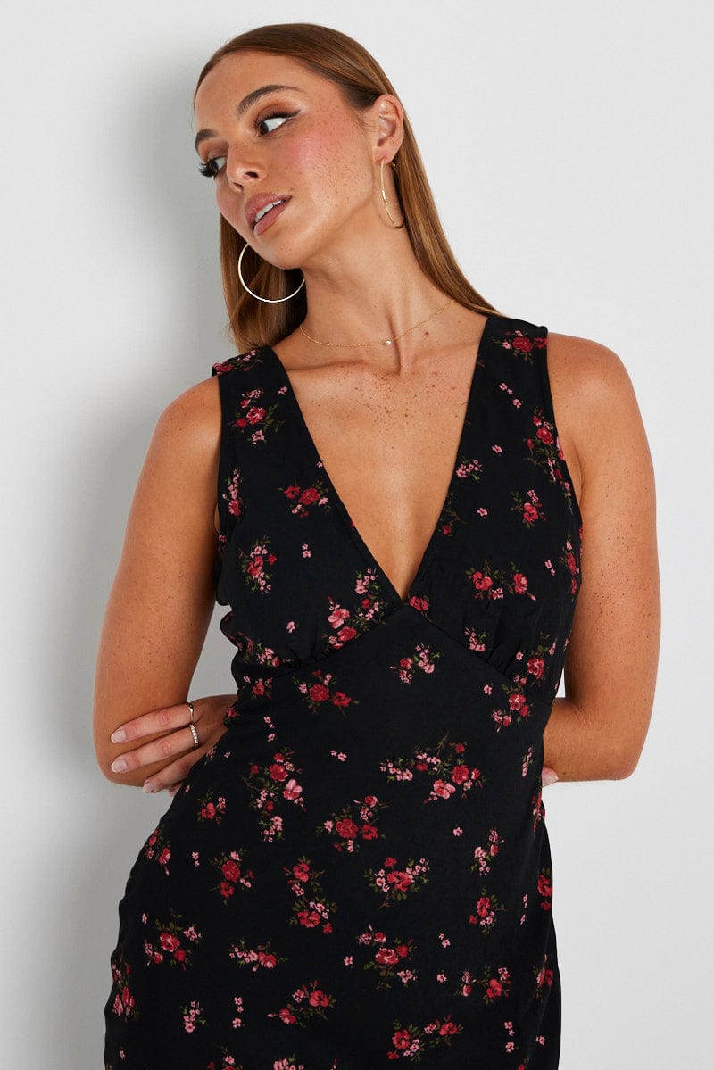 Black Floral Maxi Dress V-Neck Sleevelss for Ally Fashion