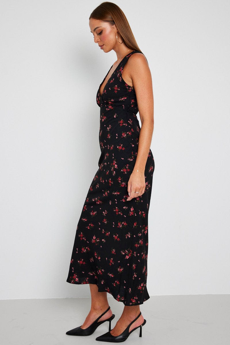 Black Floral Maxi Dress V-Neck Sleevelss for Ally Fashion