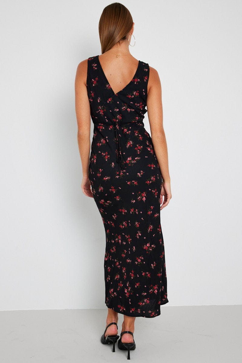 Black Floral Maxi Dress V-Neck Sleevelss for Ally Fashion