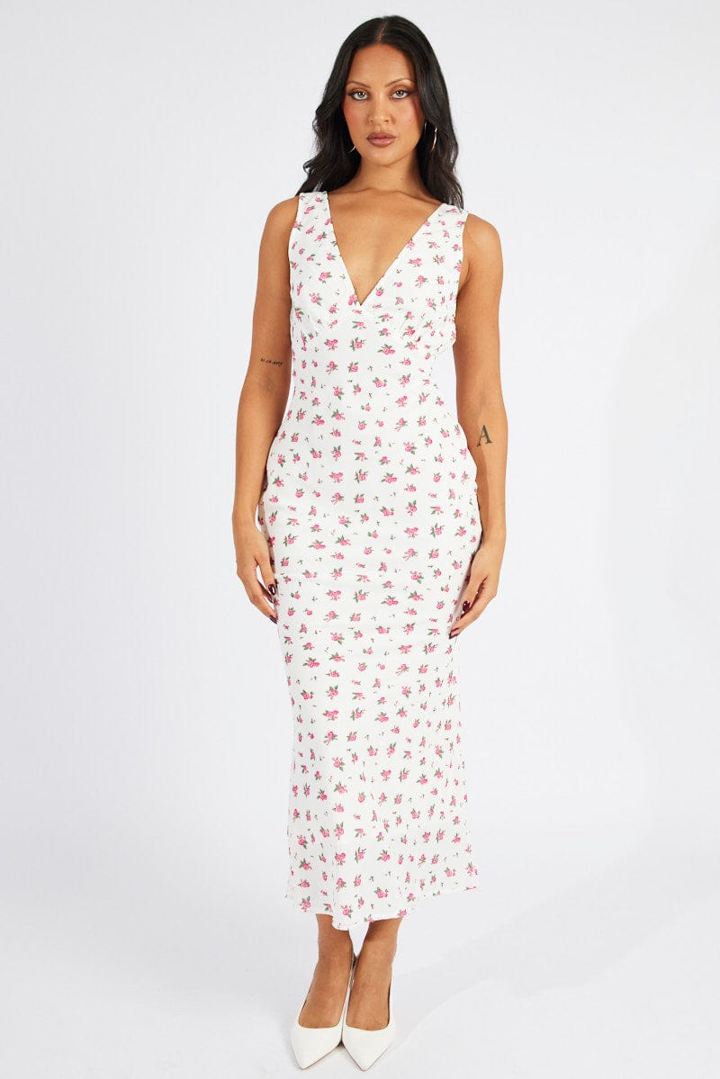 White Floral Maxi Dress V-Neck Sleeveless for Ally Fashion