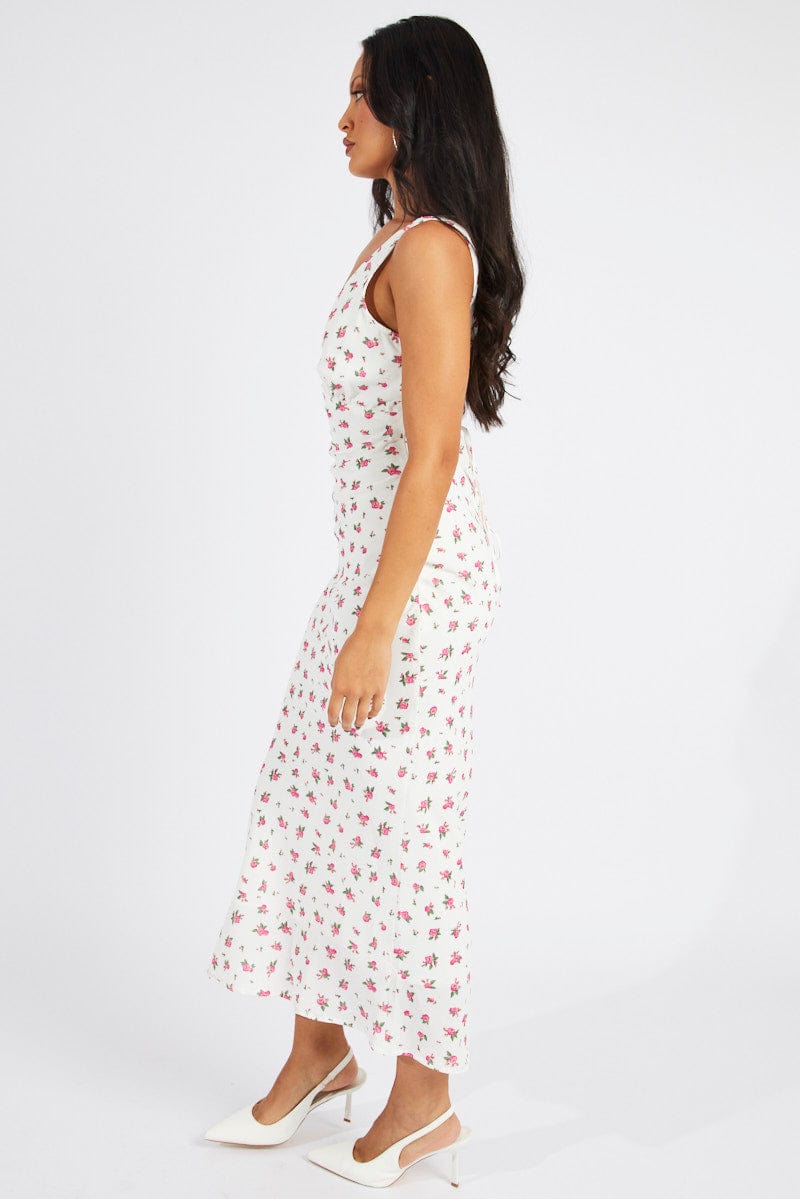 White Floral Maxi Dress V-Neck Sleeveless for Ally Fashion