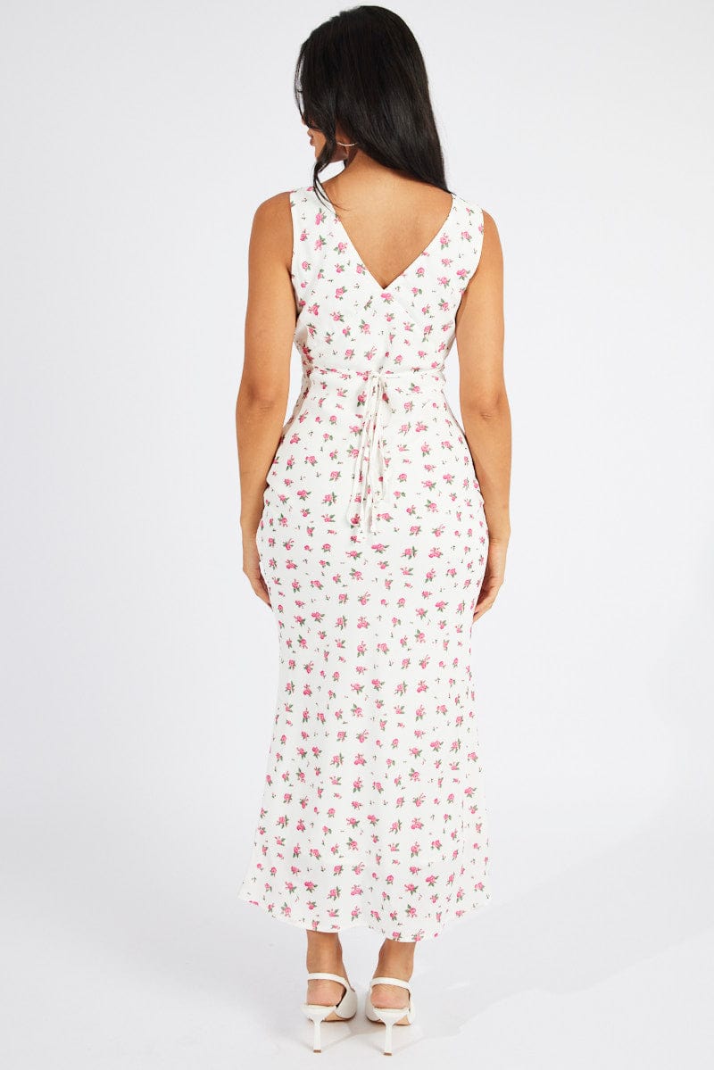 White Floral Maxi Dress V-Neck Sleeveless for Ally Fashion