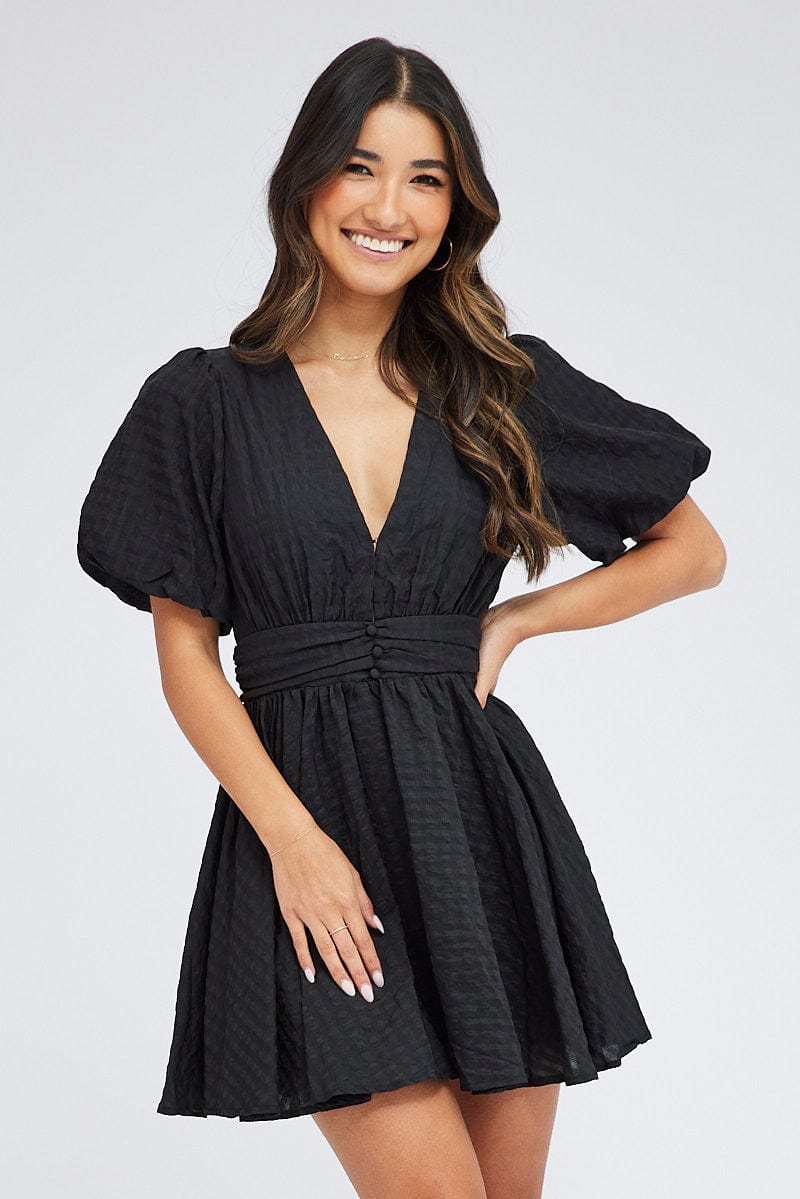 Black Fit And Flare Dress Puff Sleeve Mini for Ally Fashion