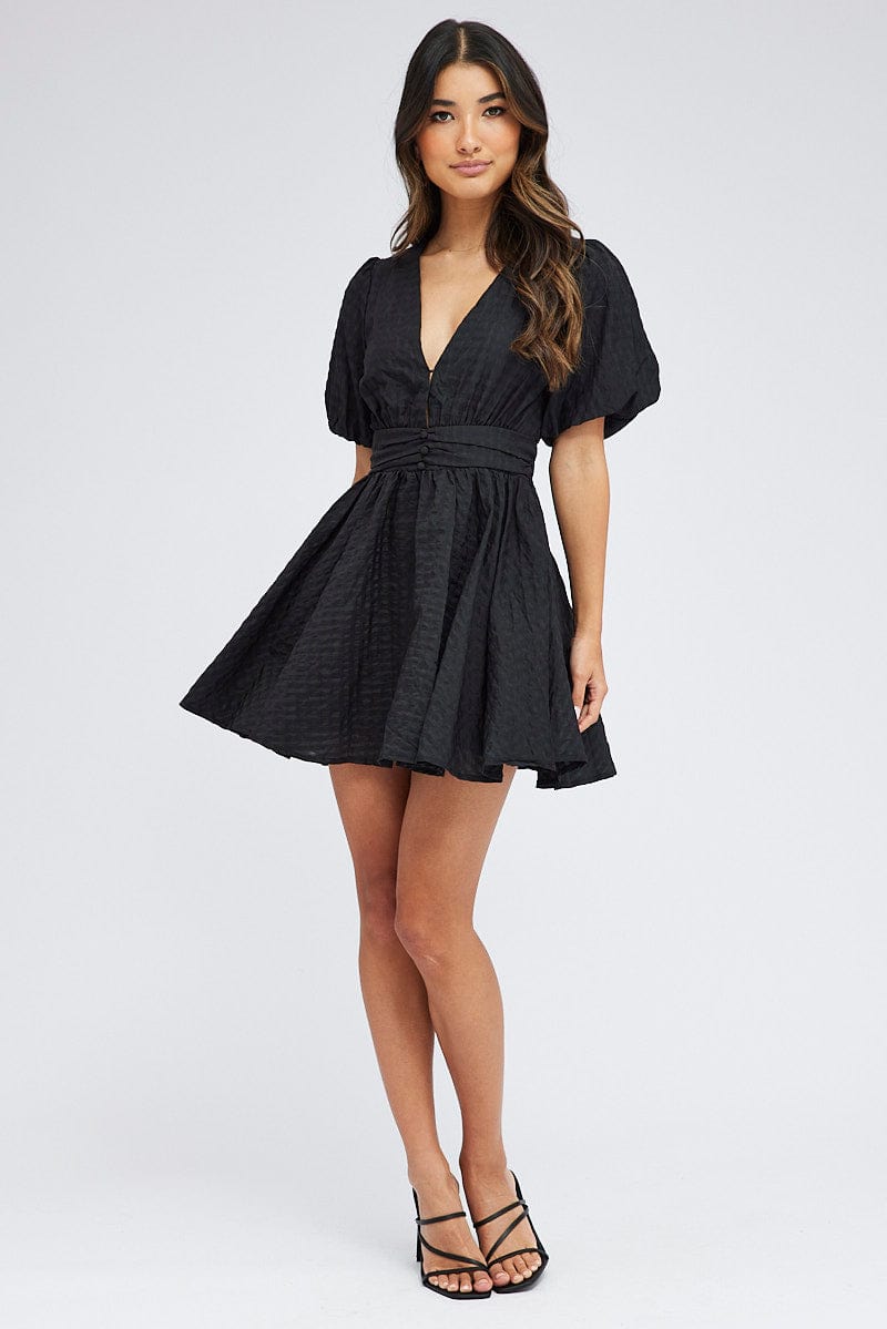 Black Fit And Flare Dress Puff Sleeve Mini for Ally Fashion