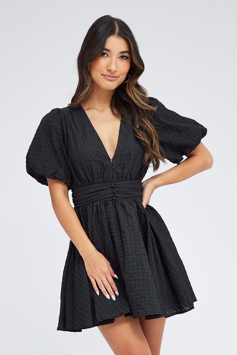 Black Fit And Flare Dress Puff Sleeve Mini for Ally Fashion