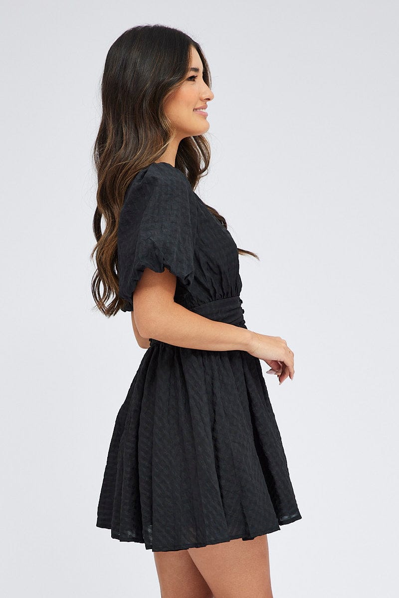 Black Fit And Flare Dress Puff Sleeve Mini for Ally Fashion