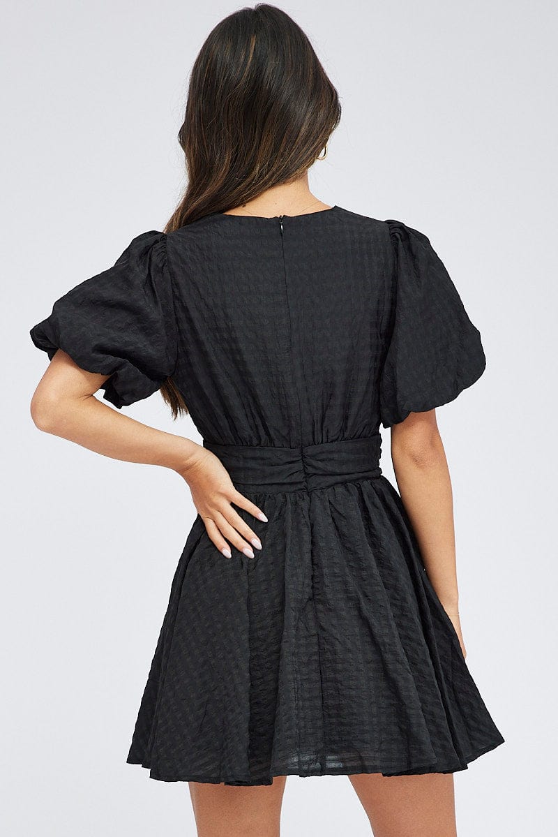 Black Fit And Flare Dress Puff Sleeve Mini for Ally Fashion