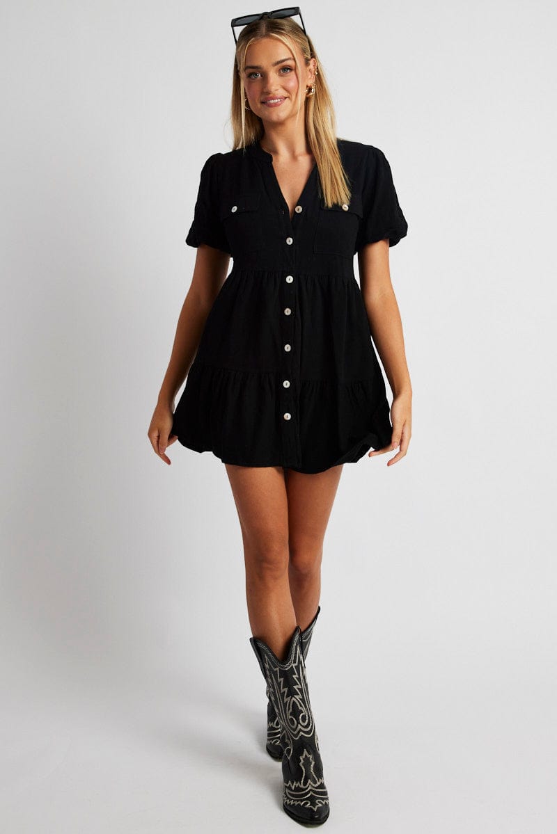 Black Button Through Mini Dress Collar Linen Blend for Ally Fashion