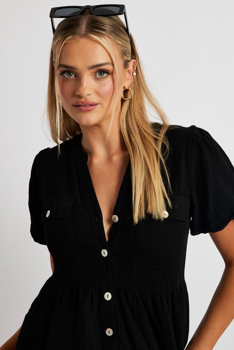 Black Button Through Mini Dress Collar Linen Blend for Ally Fashion