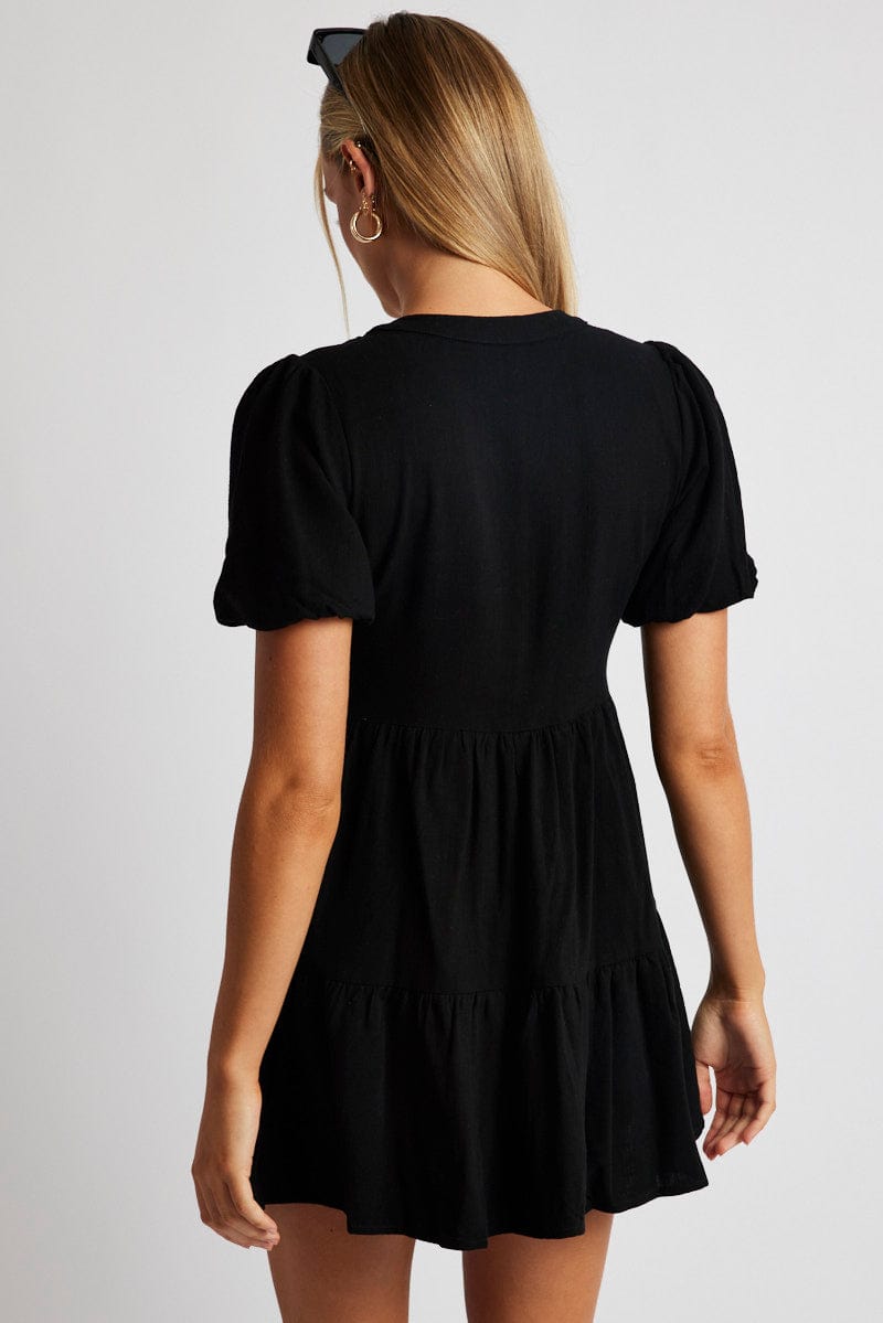 Black Button Through Mini Dress Collar Linen Blend for Ally Fashion
