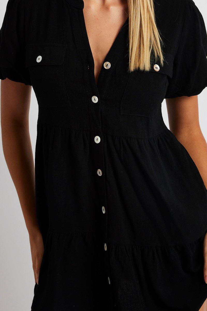 Black Button Through Mini Dress Collar Linen Blend for Ally Fashion